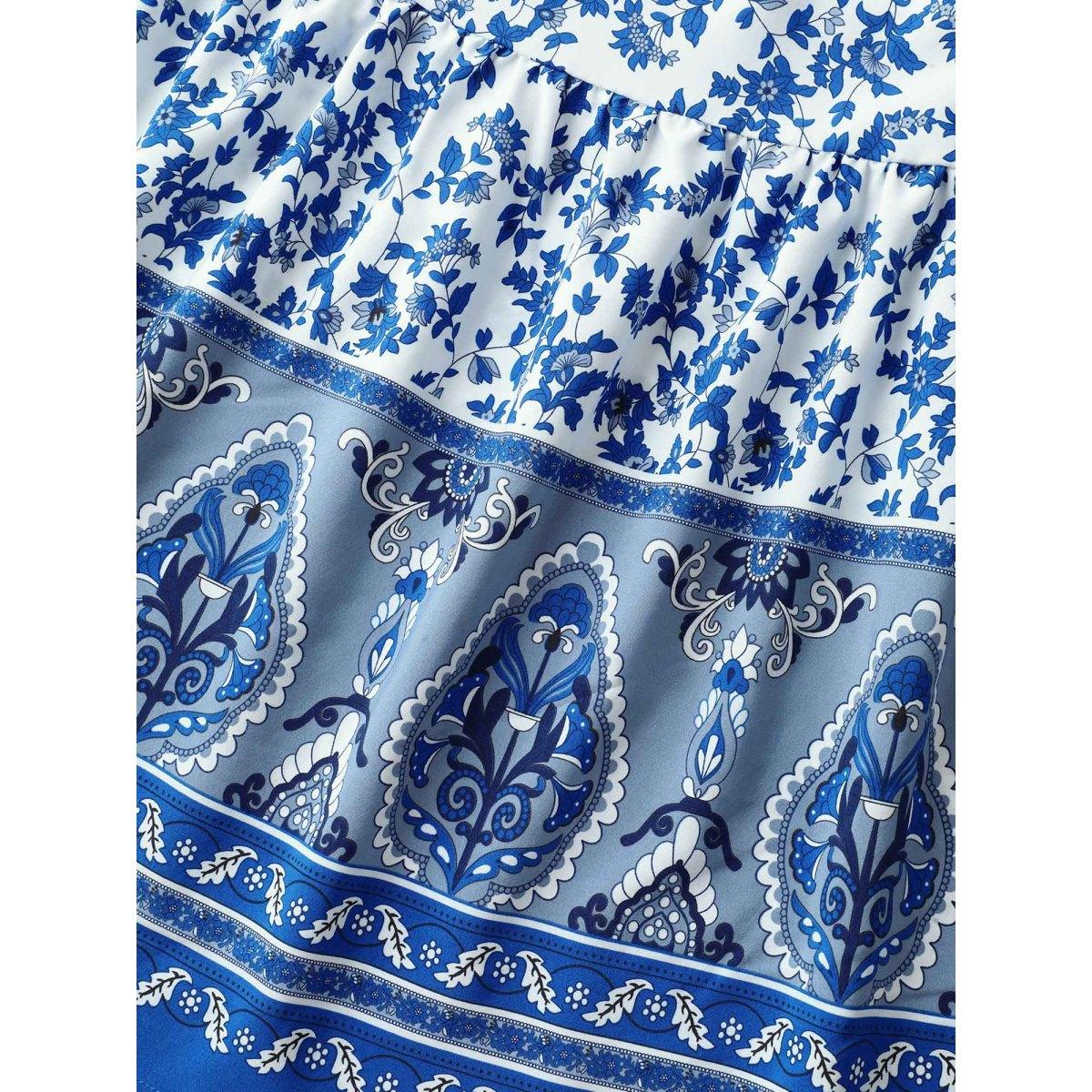 Plus Size Floral Boho Print Waist-Tie Maxi Skirt Women LightBlue Loose No stretch Side seam pocket Vacation Skirts BloomChic 18-20/2X Product Image