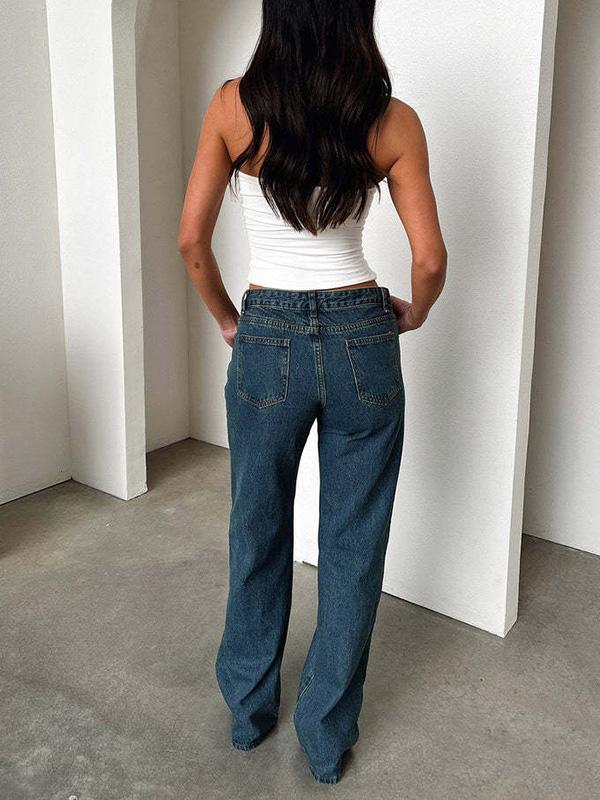 High Waisted Straight Leg Split-Joint Jean Pants Bottoms Product Image