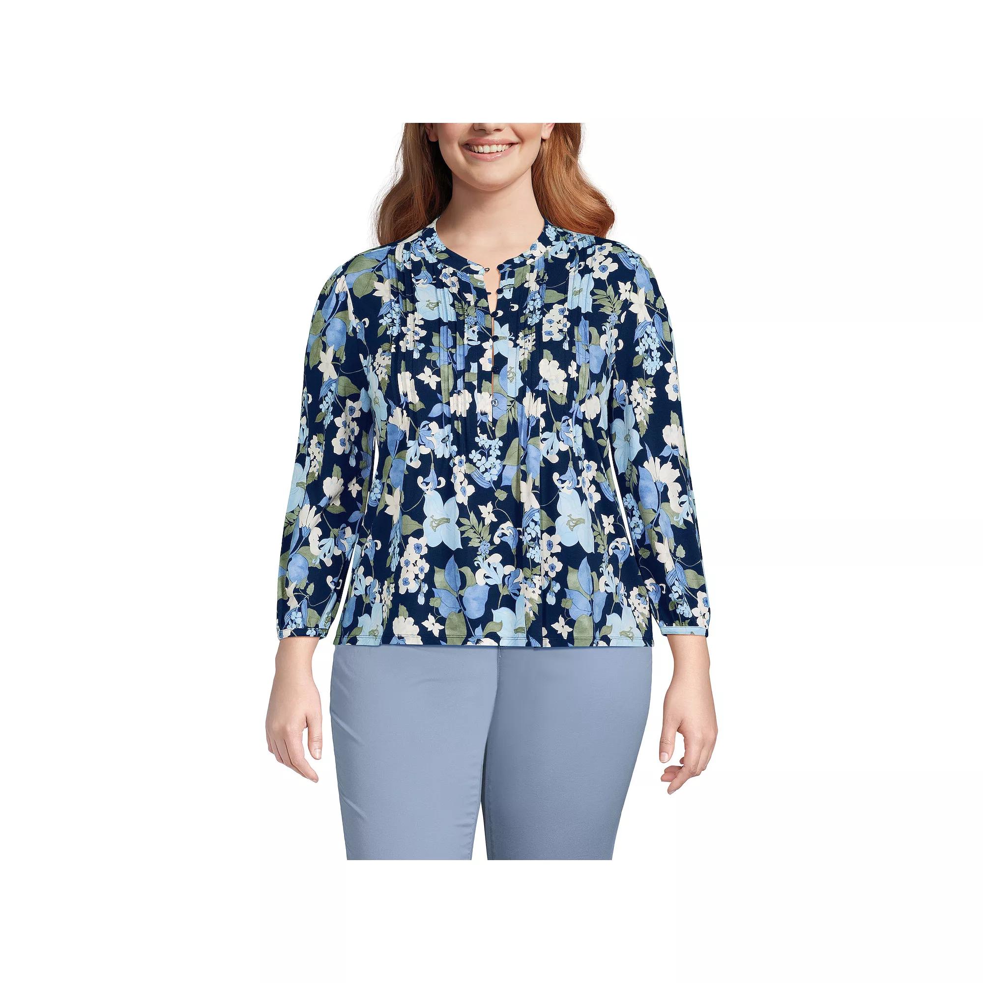 Plus Size Lands' End Lightweight Jersey Button Pintuck Top, Women's, Size: 1XL, Blue Pin Dot Product Image
