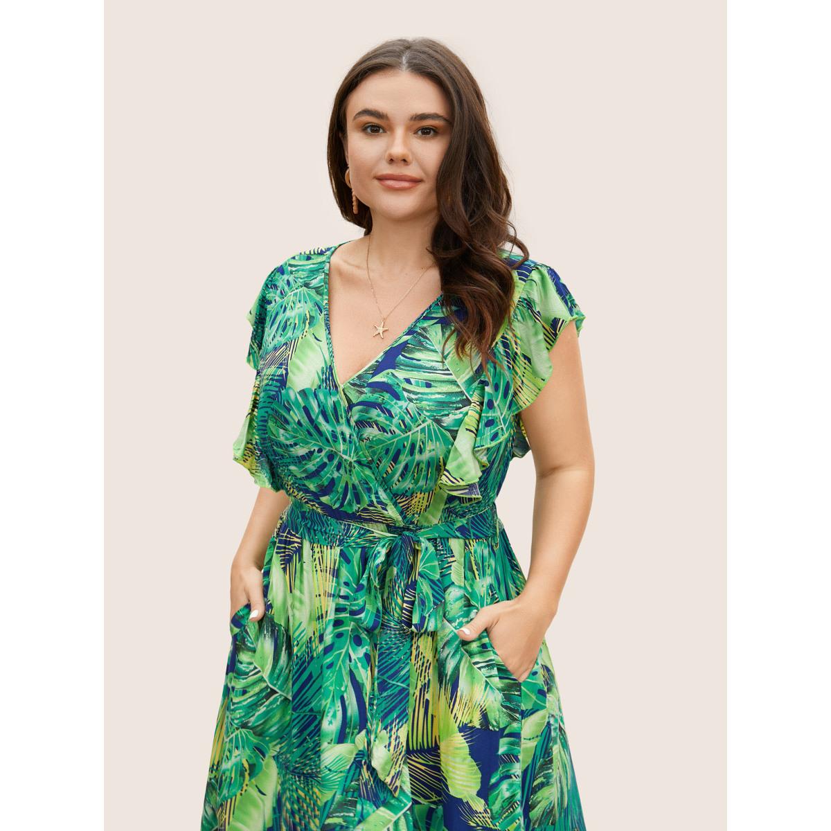 Plus Size Tropical Print Overlap Collar Ruffle Cap Sleeve Dress DarkBlue Women Resort Belted Overlap Collar Cap Sleeve Curvy BloomChic 22-24/3X Product Image