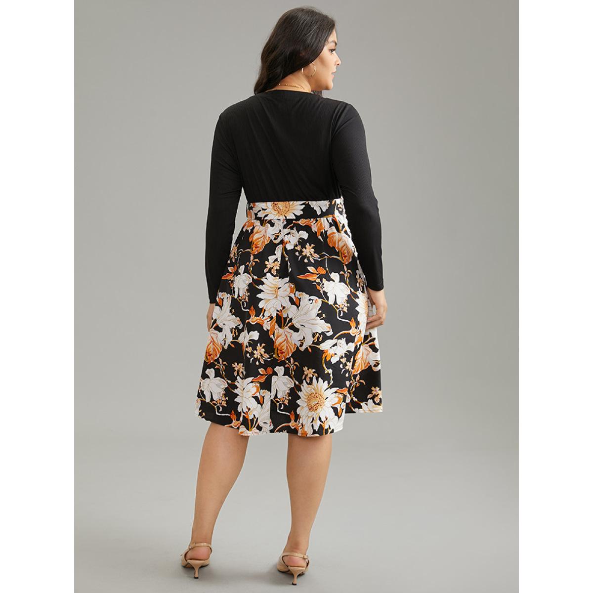 Plus Size Floral Print Rib Knit Belted Dress Black Women Elegant Rib Knit Round Neck Long Sleeve Curvy Midi Dress BloomChic 12/L Product Image