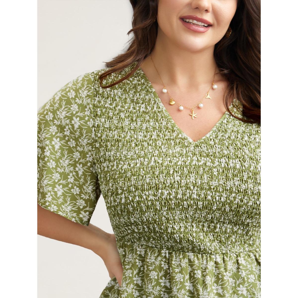 Plus Size Sage Floral Print Shirred Front Peplum Shirt Women Elegant Short sleeve V-neck Everyday Blouses BloomChic 14-16/1X Product Image