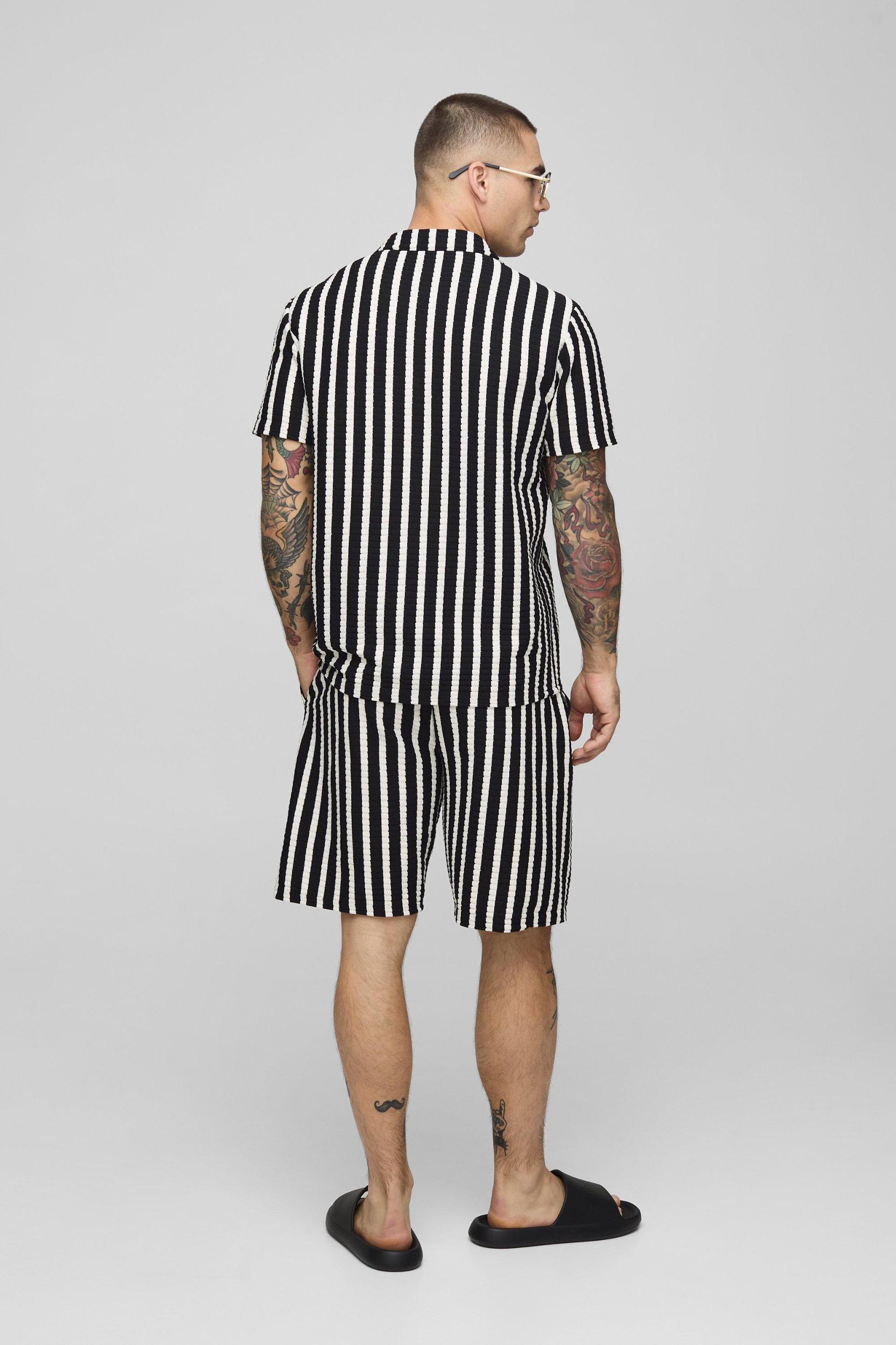 Regular Fit Textured Stripe Revere Collar Jersey Shirt and Shorts Set | boohooMAN USA Product Image