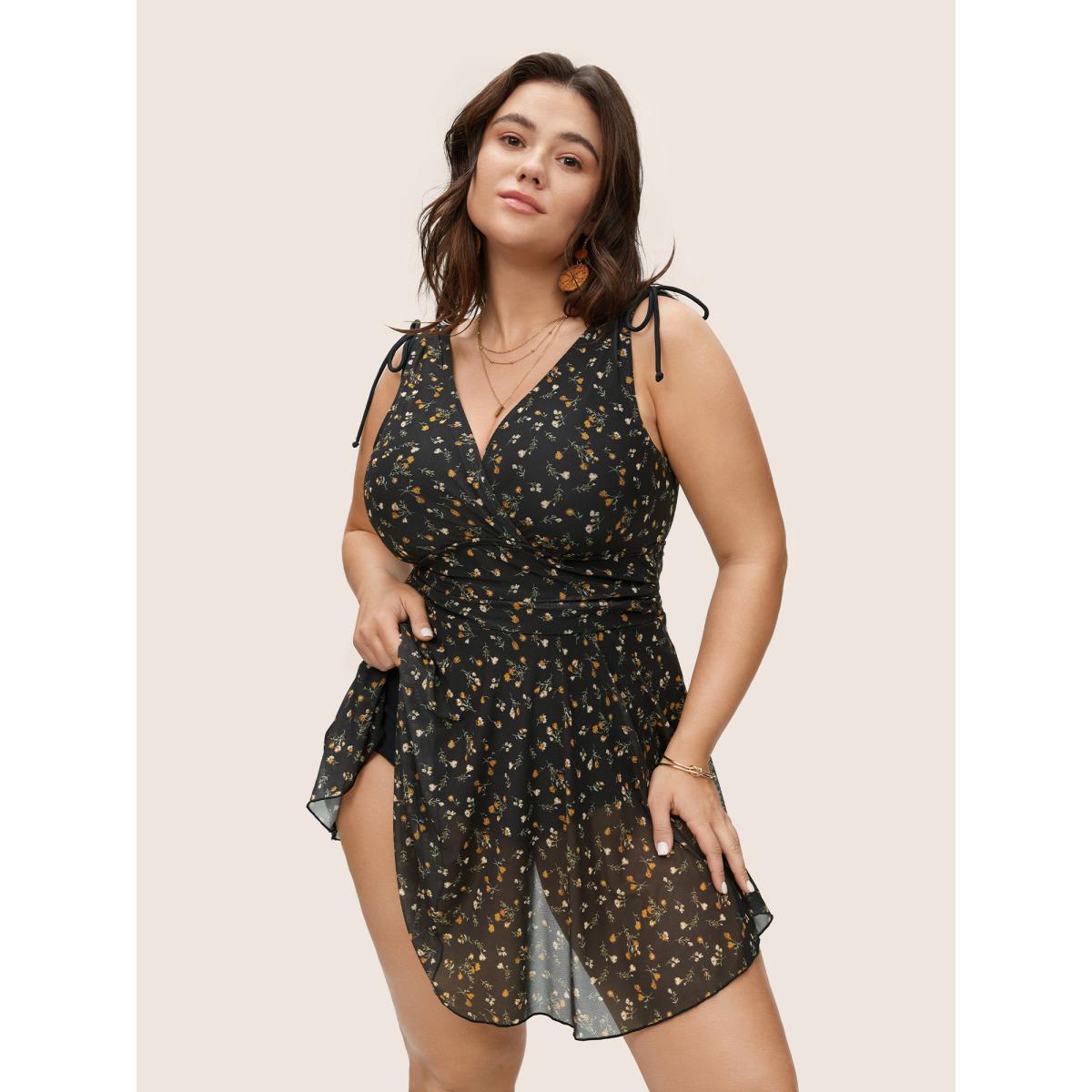 Plus Size Ditsy Floral Mesh Drawstring Swim Dress Women's Swimwear Black Beach Bodycon V-neck High stretch Curve Swim Dresses BloomChic 22-24/3X Product Image