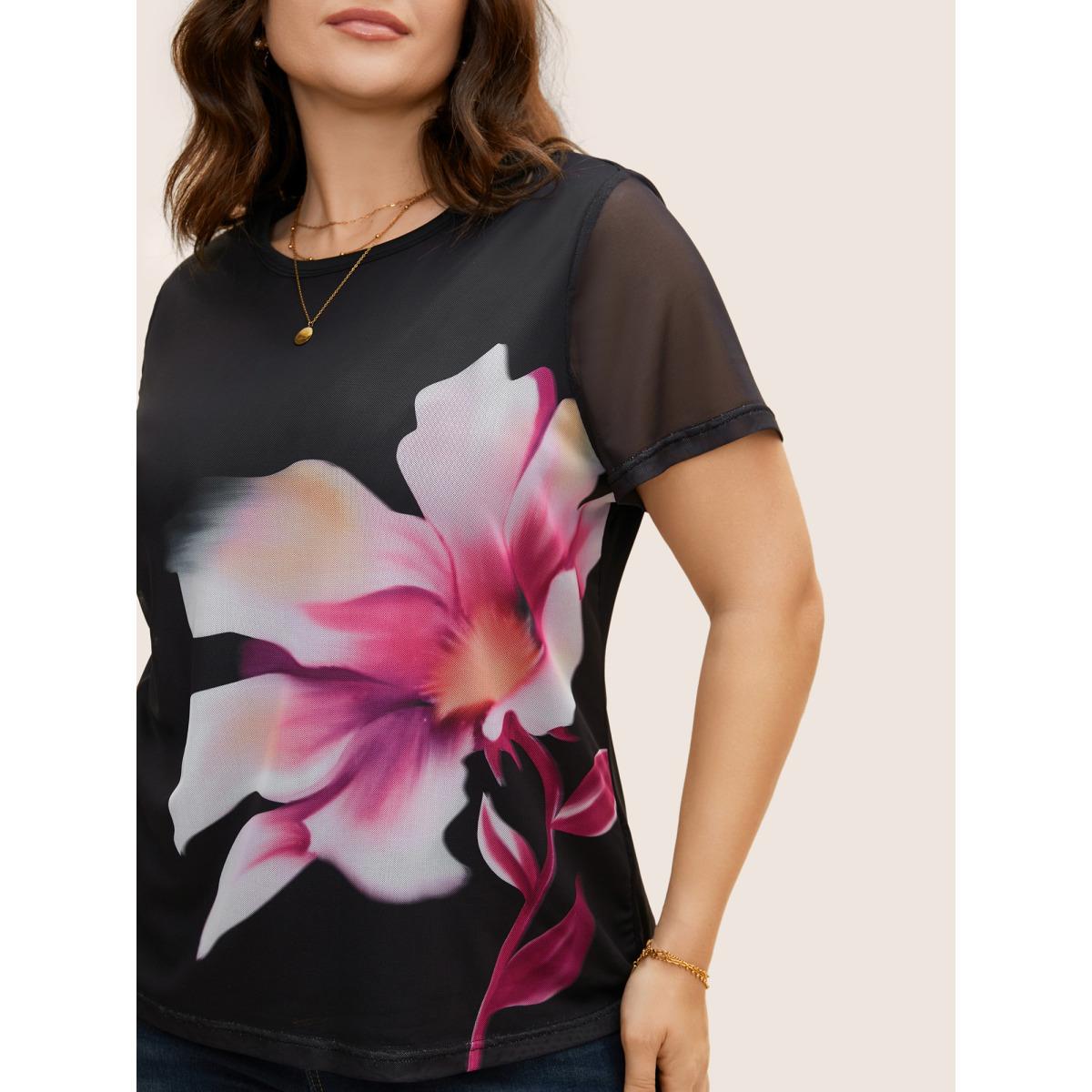 Plus Size Round Neck Lily Print Patchwork Mesh T-shirt Black Women Elegant See through Natural Flowers Round Neck Everyday T-shirts BloomChic 14-16/1X Product Image