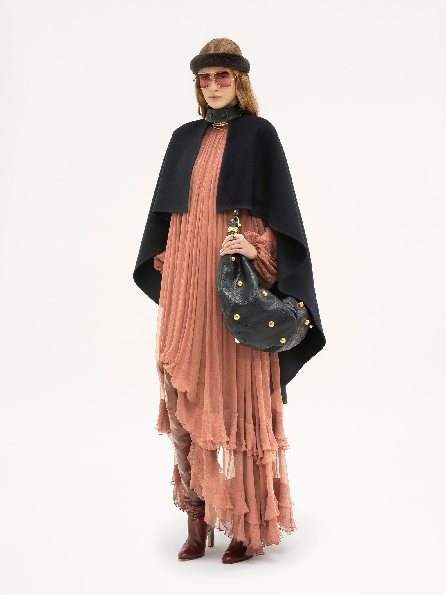 Gathered long dress in silk mousseline Product Image