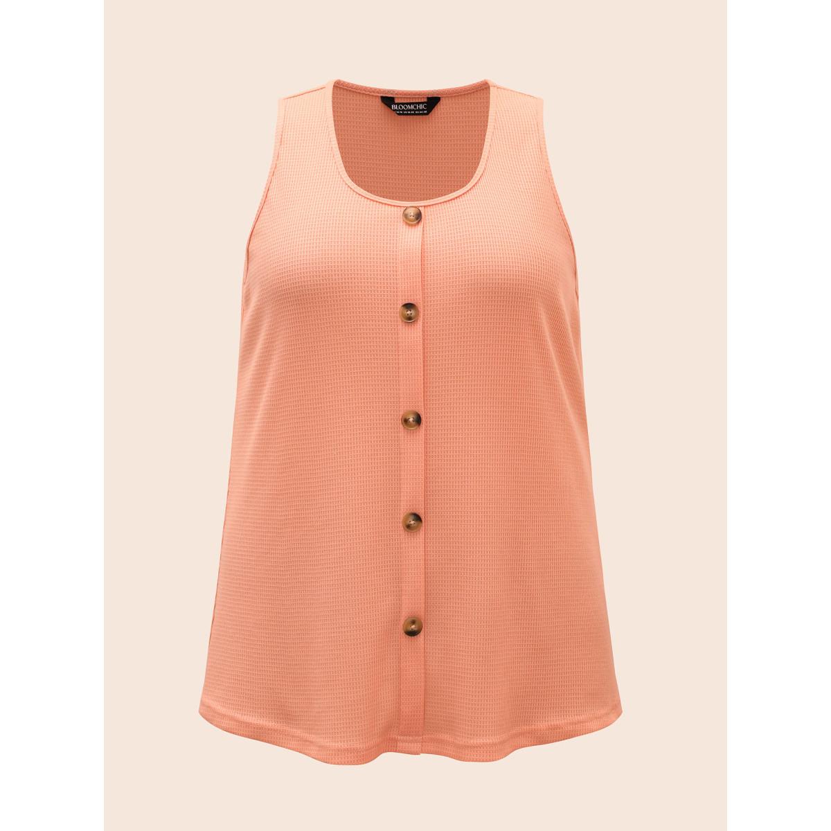 Plus Size Solid Button Detail Waffle Knit Tank Top Women Coral Casual Button Round Neck Everyday Tank Tops Camis BloomChic 12/L Product Image