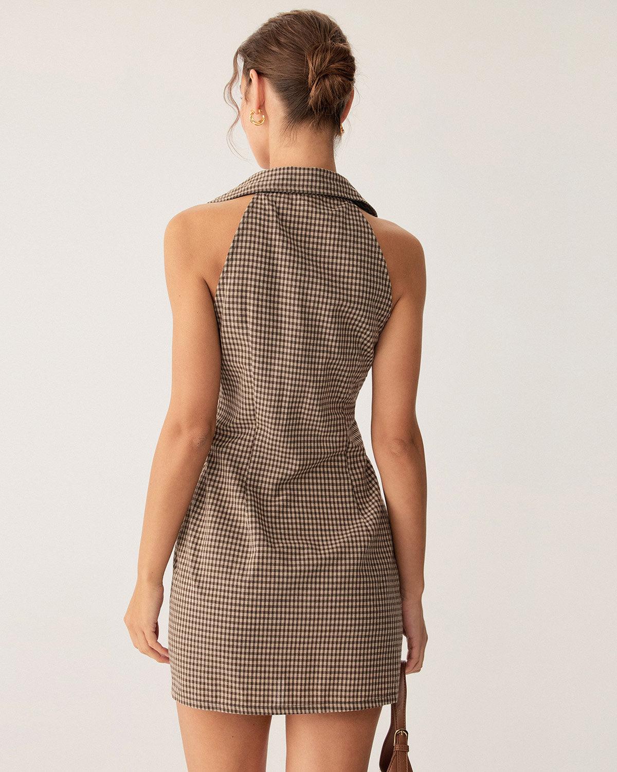 Brown Plaid Button Sleeveless Mini Dress Product Image