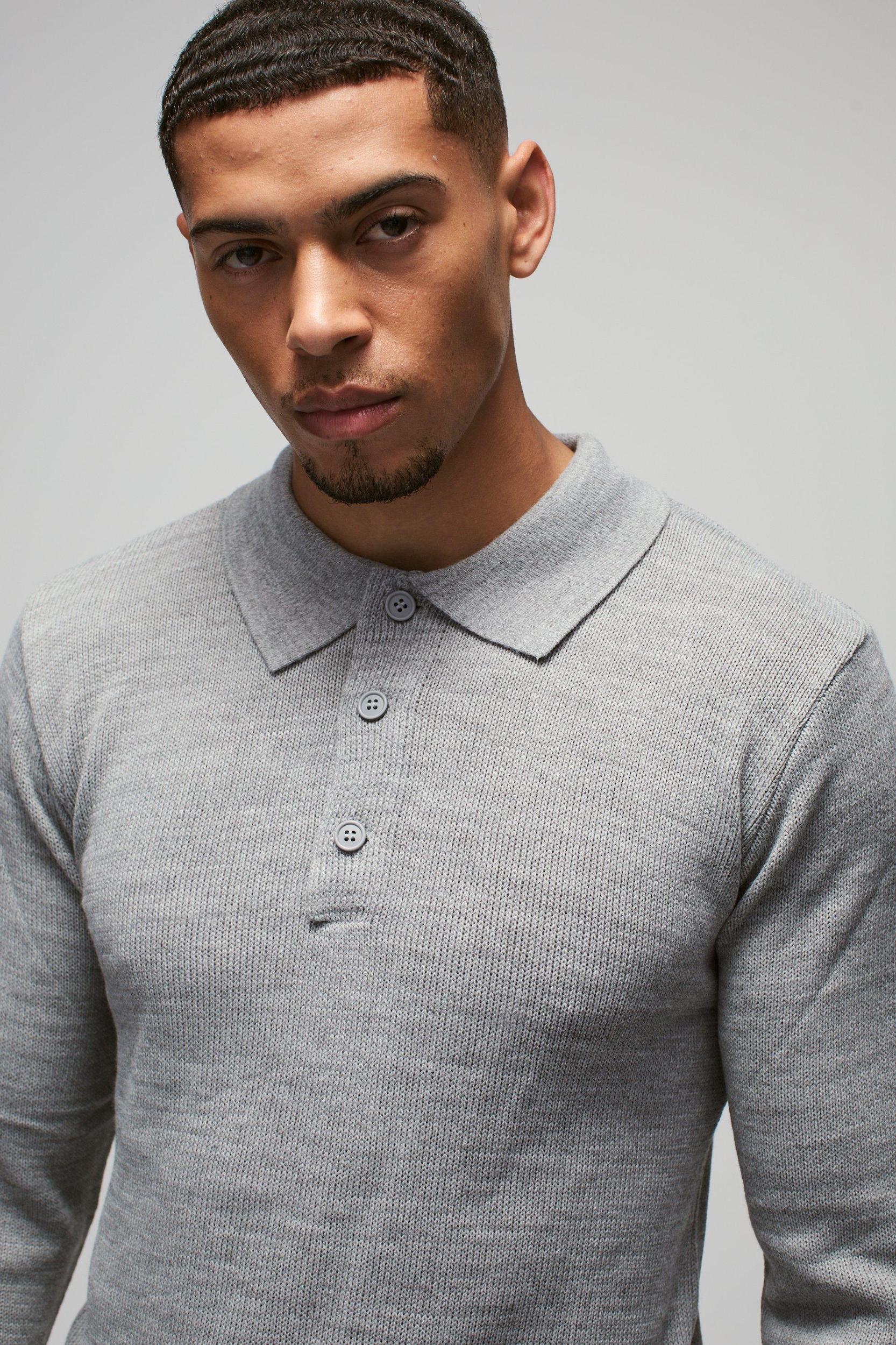Regular Button Neck Long Sleeve Knitted Polo | boohooMAN USA Product Image