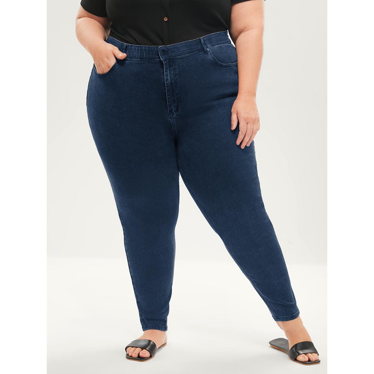 Plus Size Skinny Very Stretchy Mid Rise Dark Wash Gap Proof Jeans Women DarkBlue Office Plain Gap-proof High stretch Pocket Jeans BloomChic 30/6X Product Image