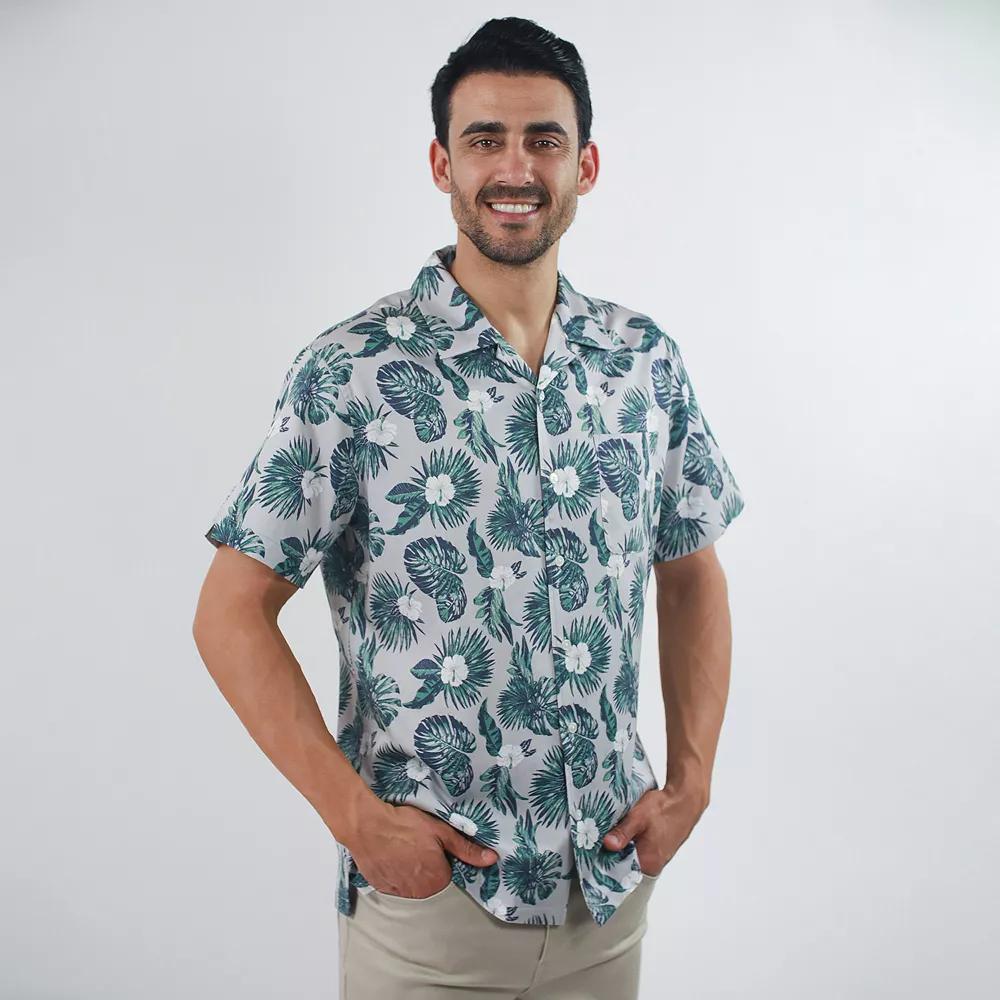 Men's JACHS NY Short Sleeve Linen Camp Shirt, Size: Small, Grey Leaves Product Image