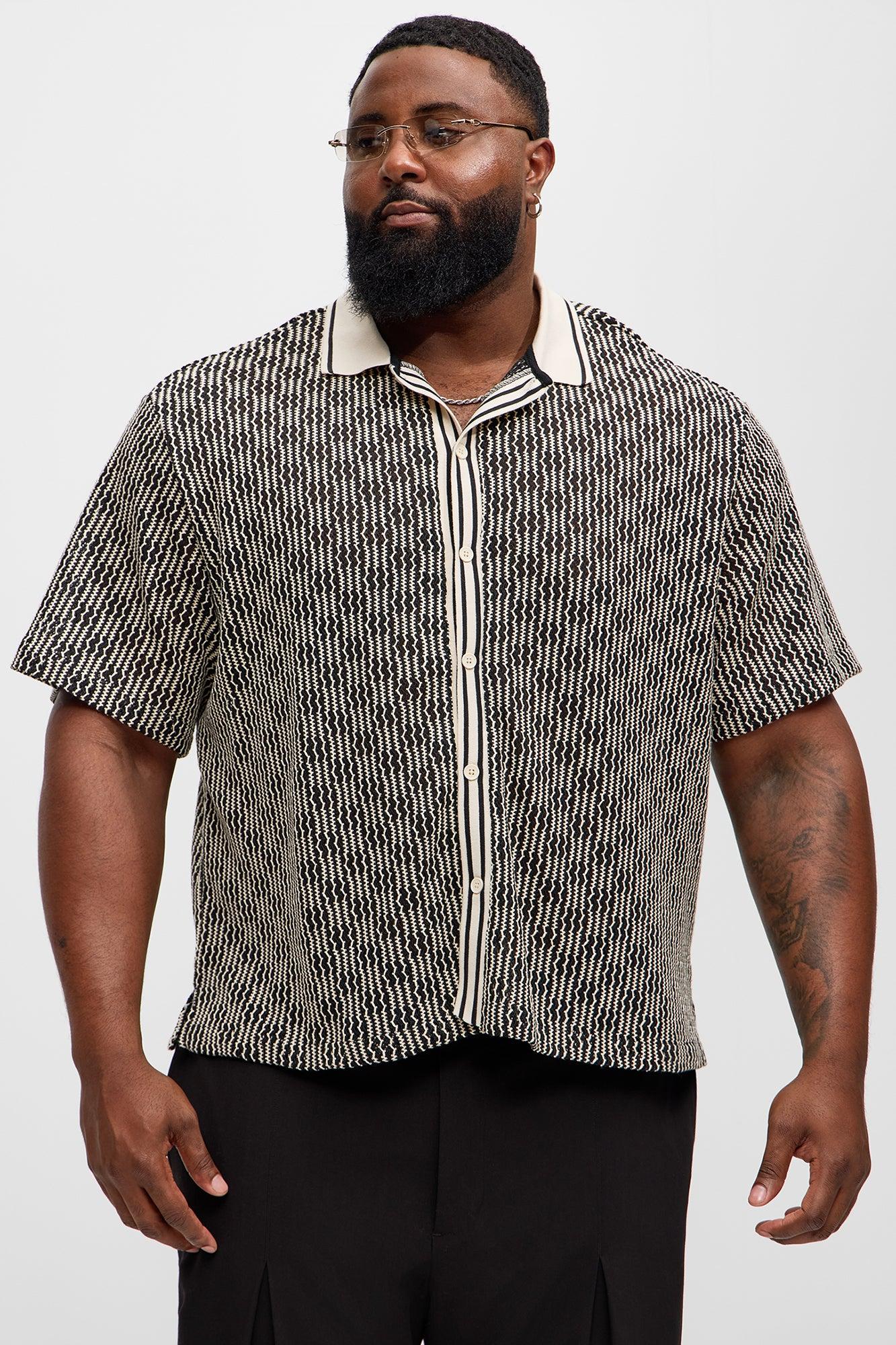 Zigzag Open Knit Crochet Cuban Shirt - Black/combo Product Image
