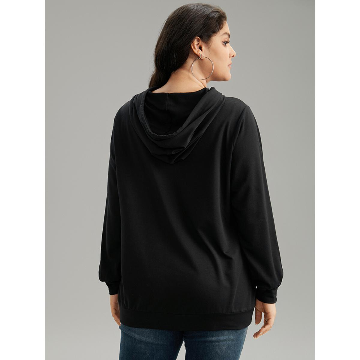 Plus Size Positive Slogans Print Kangaroo Pocket Hooded Sweatshirt Women Black Casual Printed Dailywear Sweatshirts BloomChic 26/4X Product Image