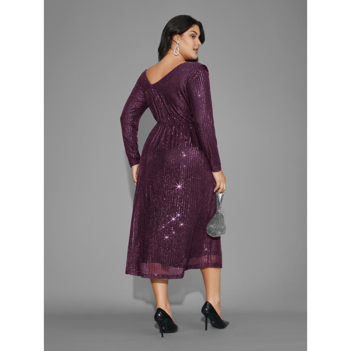 Plus Size Sequin Mesh Asymmetrical Neck Midi Dress Deeppurplered Women Party&Cocktail Texture Party Curvy Bloomchic 10/M Product Image