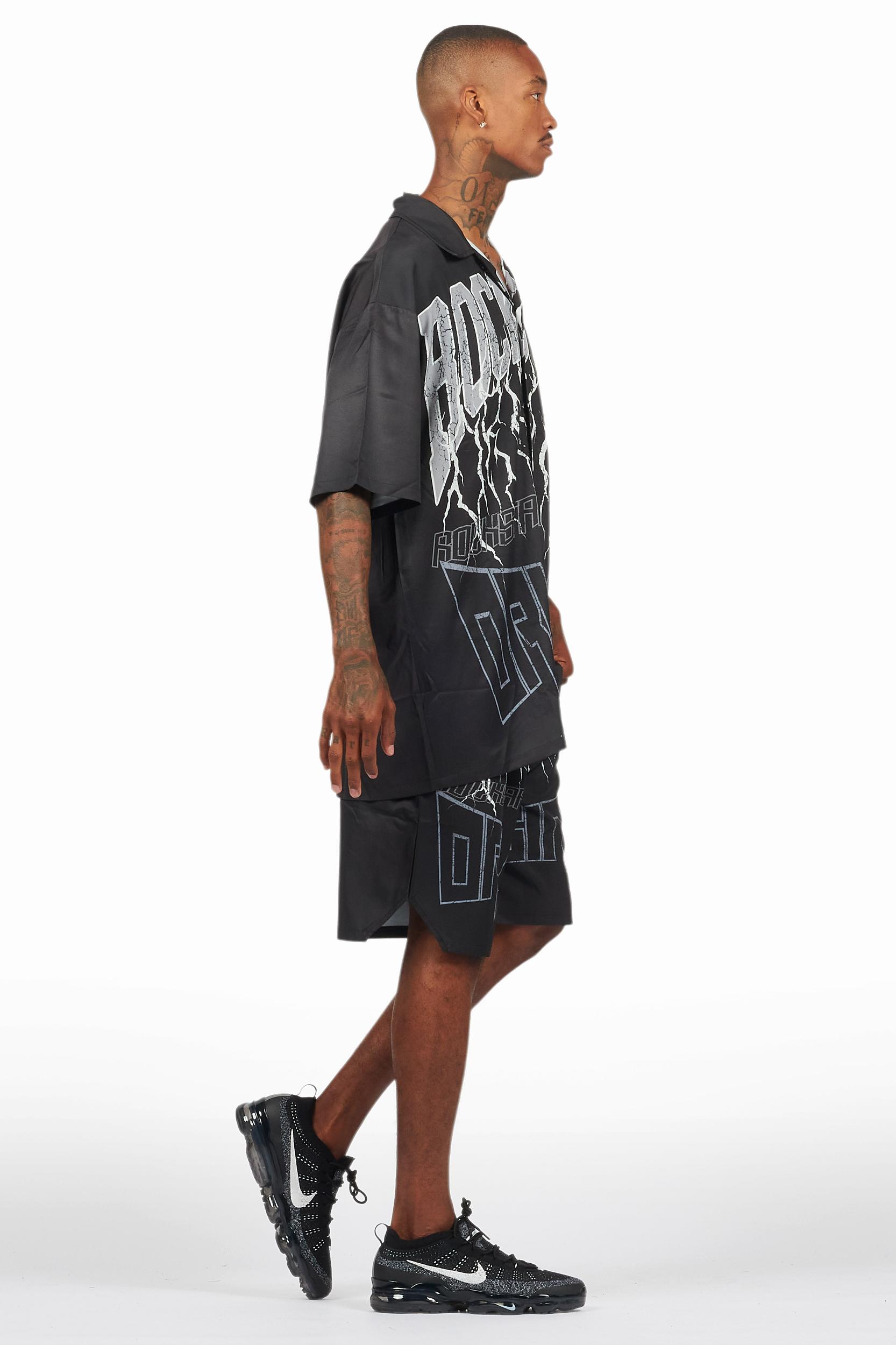 Hustle Black Button Down Short Set Male Product Image