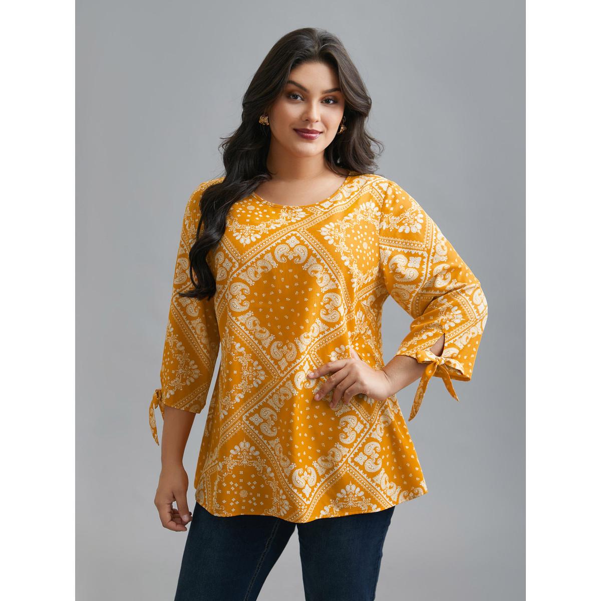 Plus Size Turmeric Round Neck Bandana Print Sleeve Tie Blouse Women Elegant Elbow-length sleeve Round Neck Everyday Blouses BloomChic 18-20/2X Product Image