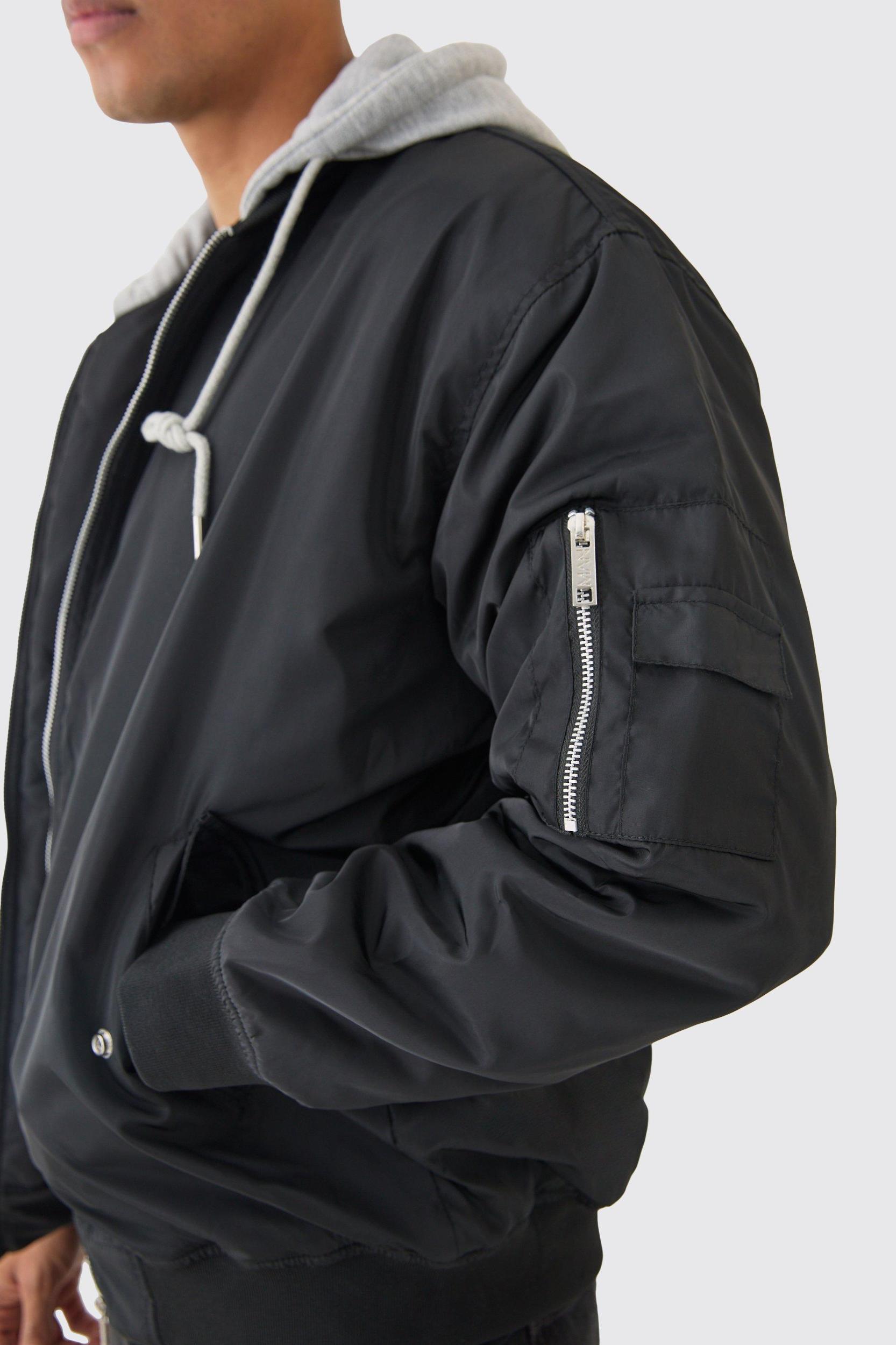 Oversized Hooded Ma1 Bomber Jacket In Black | boohooMAN USA Product Image