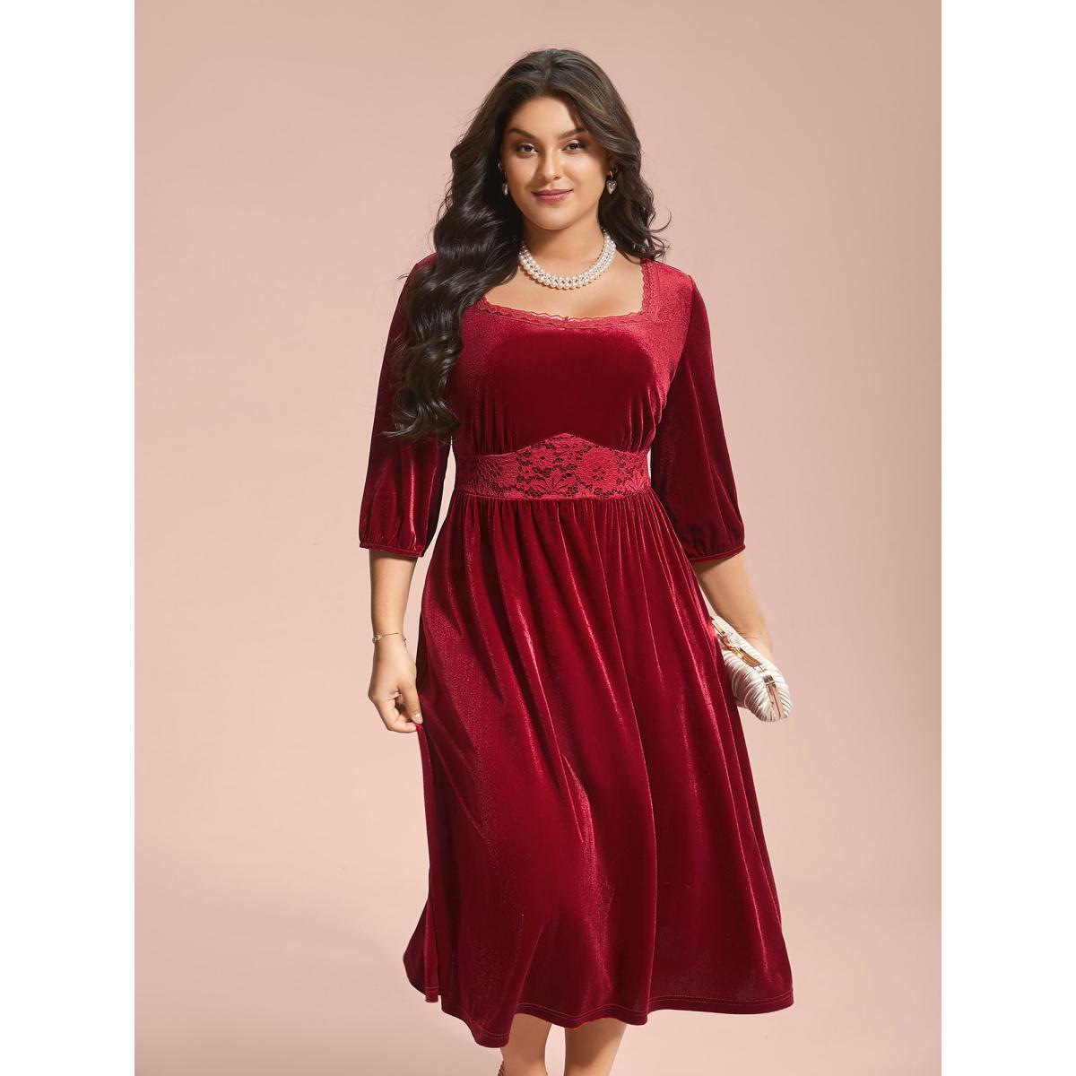 Plus Size Velvet Lace Detail Waist-Cinched Dress Scarlet Women Elegant Woven ribbon&lace trim Heart neckline Elbow-length sleeve Curvy BloomChic 10/M Product Image