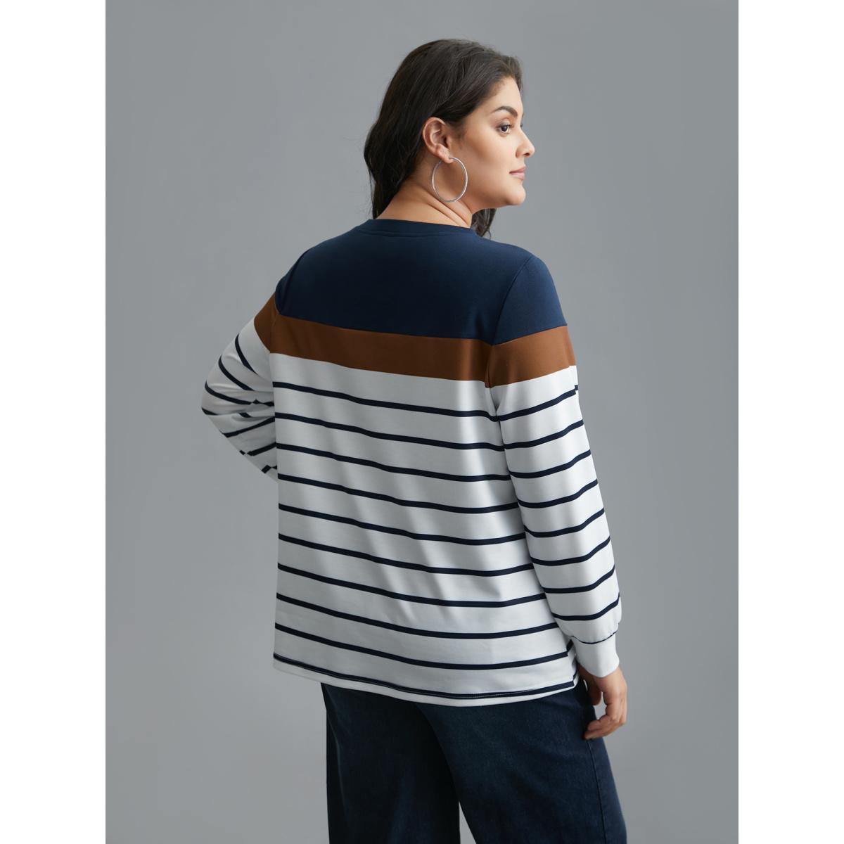 Plus Size Striped Contrast Round Neck Sweatshirt Women Midnight Casual Contrast Loose Round Neck Everyday Sweatshirts BloomChic 10/M Product Image