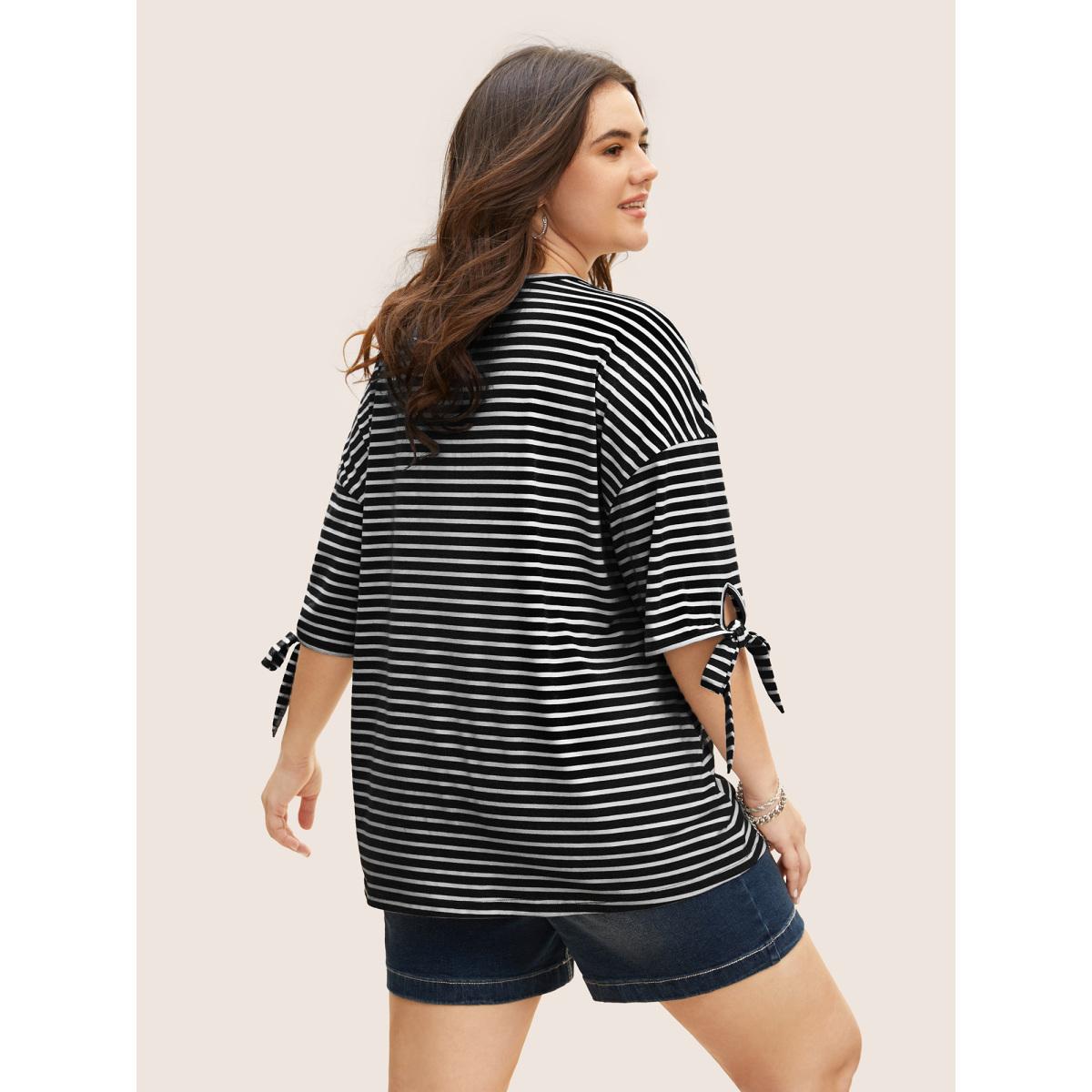 Plus Size Striped Boat Neck Tie Knot T-shirt Black Women Leisure Tie knot Boat Neck Casual T-shirts BloomChic 10/M Product Image
