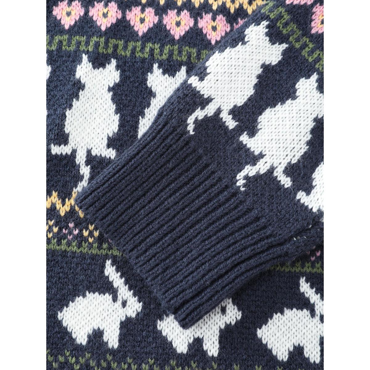 Plus Size Animal Jacquard Pattern Pockets Knit Cardigan Indigo Women Playful Loose Long Sleeve Casual Cardigans BloomChic 18-20/2X Product Image