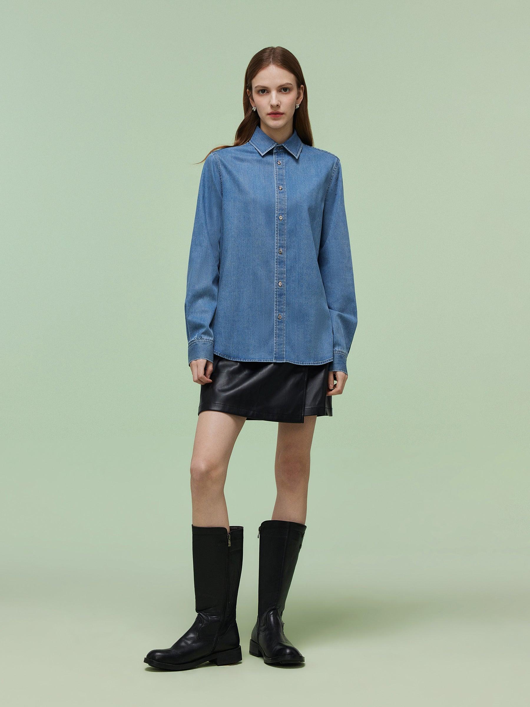 Denim Long Sleeve Women Shirt Product Image