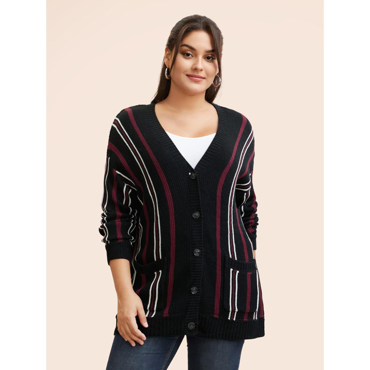 Plus Size Striped Patched Pocket Drop Shoulder Cardigan Black Women Casual Long Sleeve Everyday Cardigans BloomChic 30/6X Product Image