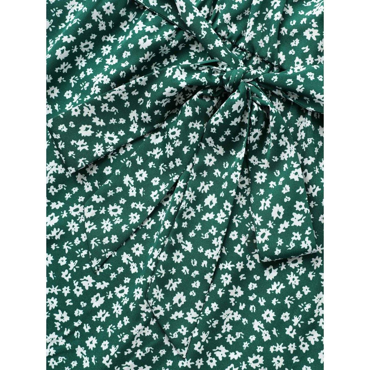 Plus Size Tulip Sleeved Round Neck Midi Dress Teal Women Elegant Belted Round Neck Short sleeve Curvy BloomChic 18-20/2X Product Image