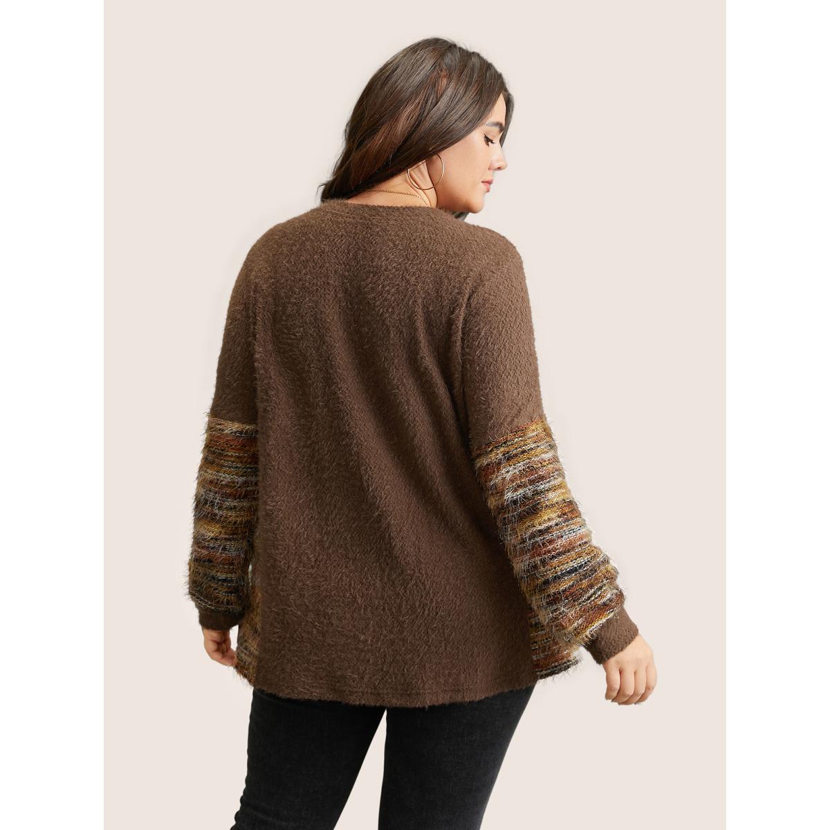 Plus Size Round Neck Patchwork Heather Fluffy Sweatshirt Women DarkBrown Casual Texture Round Neck Dailywear Sweatshirts BloomChic 30/6X Product Image