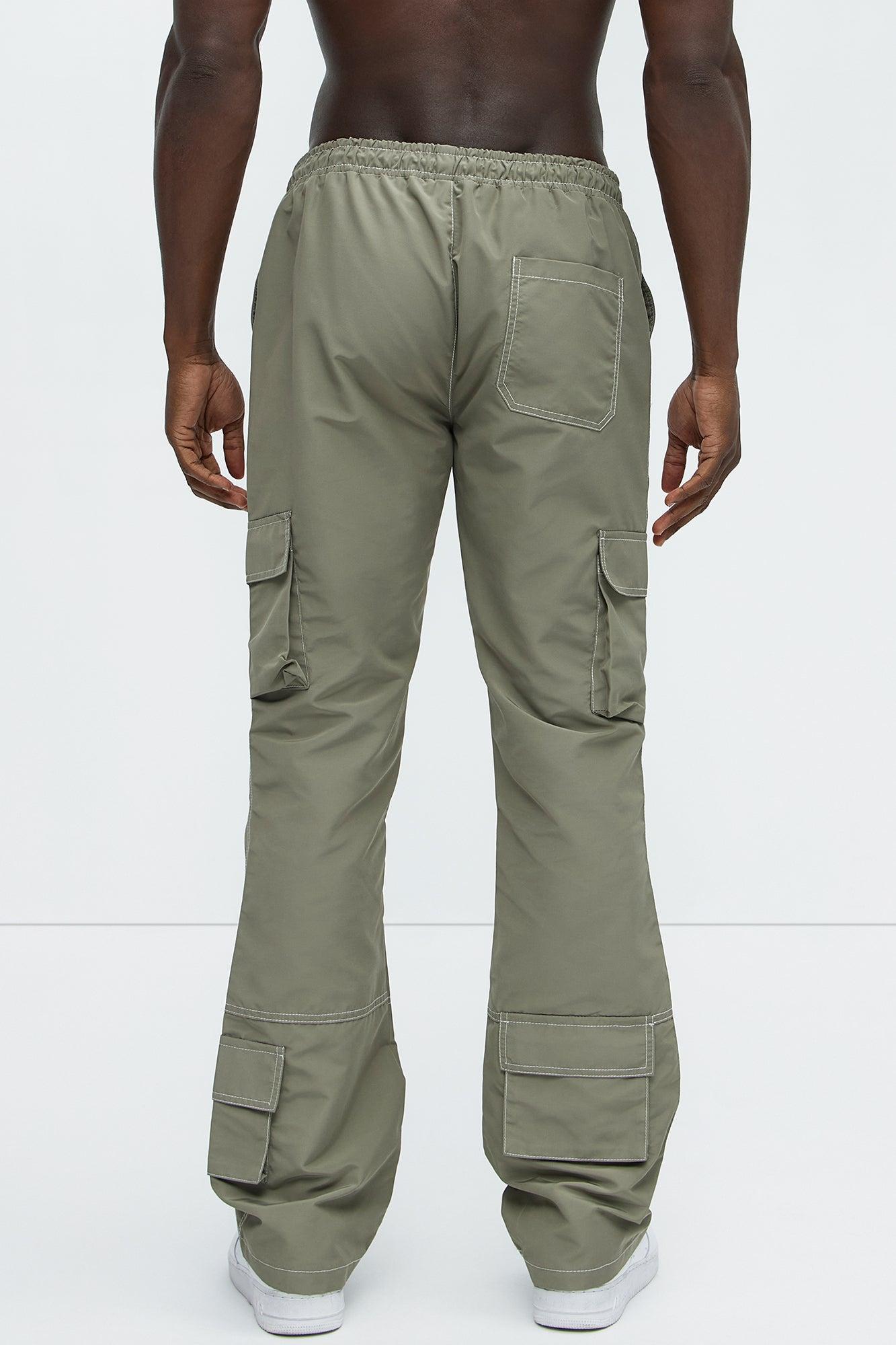 Contrast Stitch Nylon Flared Cargo Pants - Grey Product Image