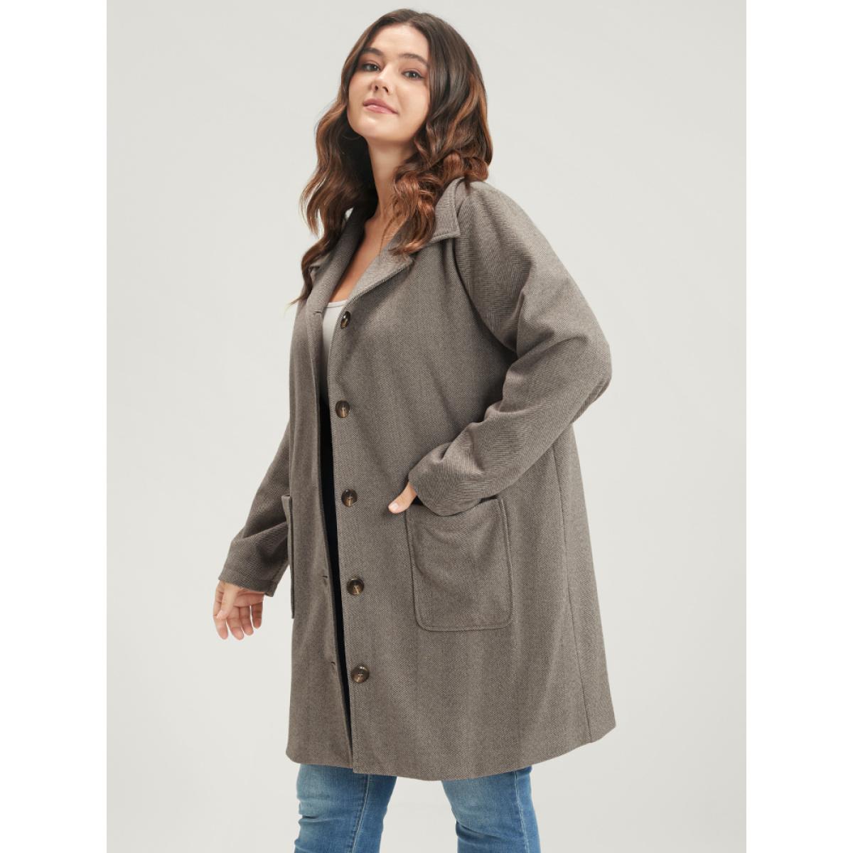 Plus Size Solid Pocket Detail Button Up Coat Women LightBrown Casual Button Ladies Dailywear Winter Coats BloomChic 14-16/1X Product Image