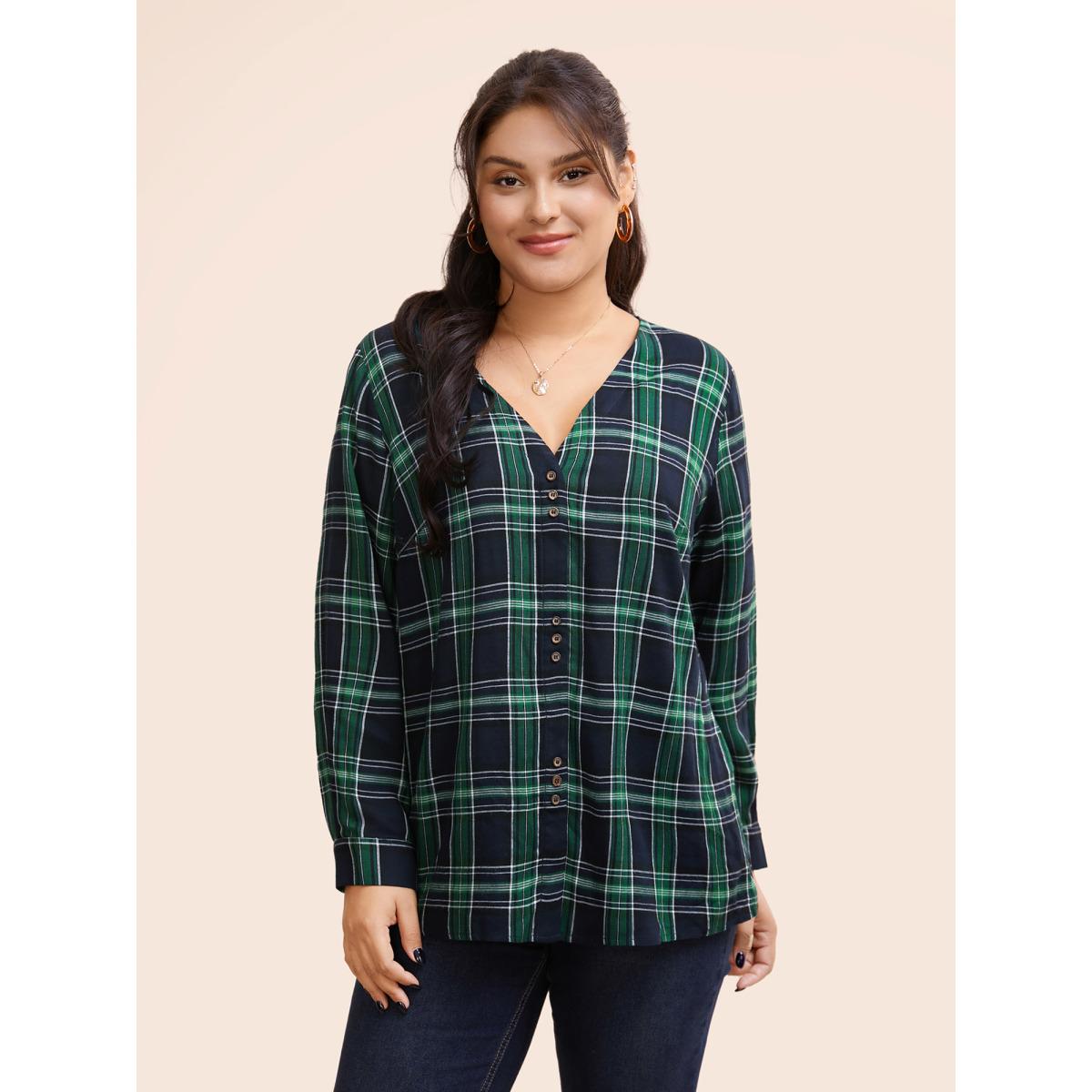 Plus Size DarkGreen V Neck Plaid Button Detail Blouse Women Casual Long Sleeve V-neck Everyday Blouses BloomChic 22-24/3X Product Image