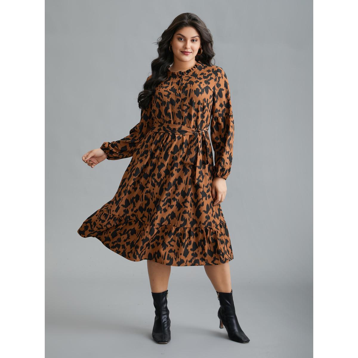 Plus Size Leopard Print Stretchy Waist Belted Dress Yellowishbrown Women Elegant Belted Stand-up collar Long Sleeve Curvy BloomChic 12/L Product Image