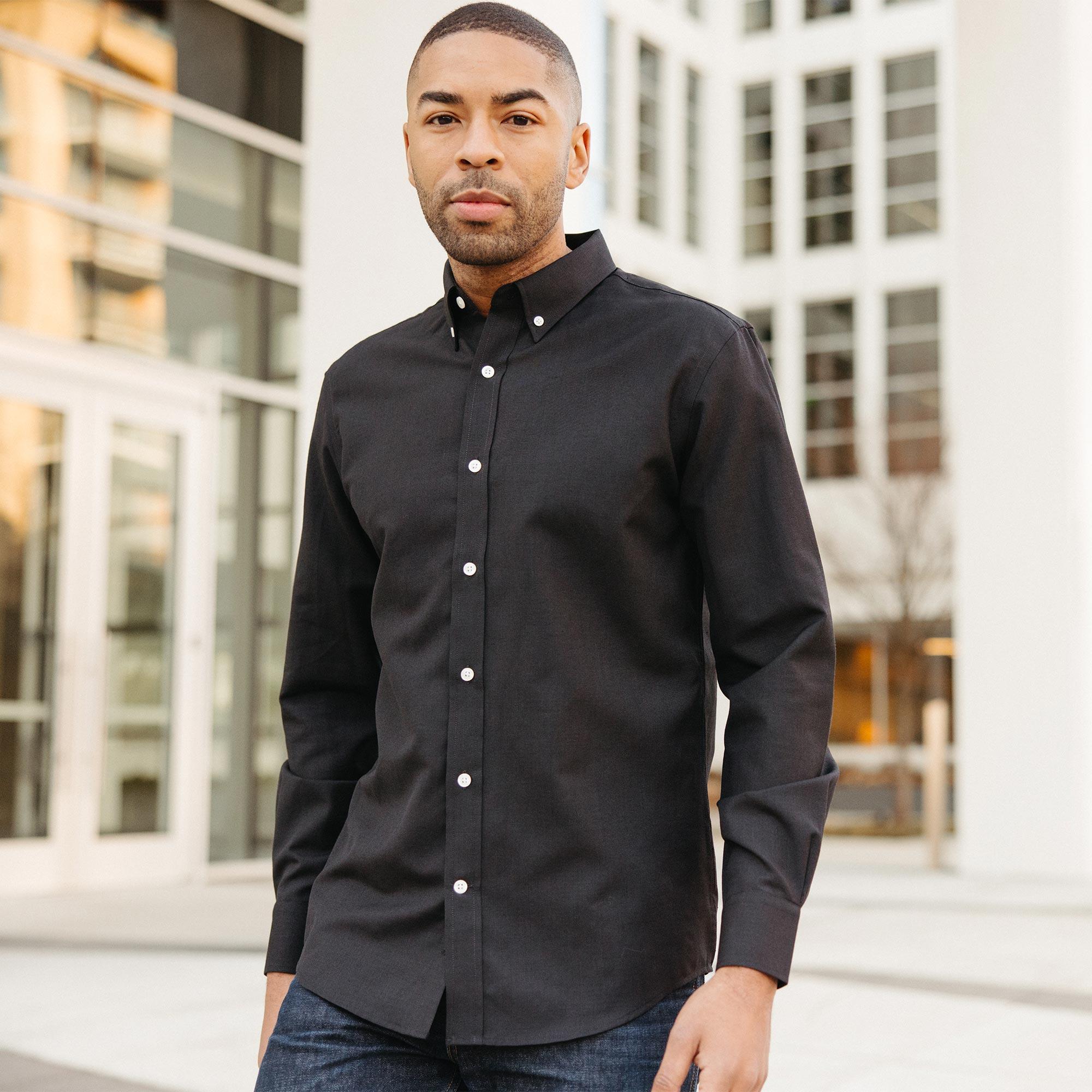Merino Wool and Linen Button-Down Shirt | Black Product Image