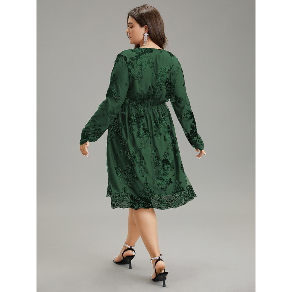 Plus Size Floral Sequin Elastic Waist Mesh Wrap Dress DarkGreen Women Party Sequin Overlap Collar Long Sleeve Curvy Midi Dress BloomChic 14-16/1X Product Image