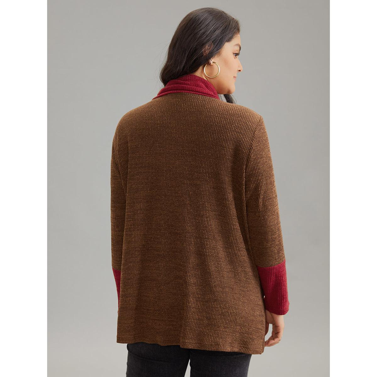 Plus Size Rib Knit Contrast Funnel Neck Patched Pocket Sweatshirt Women DarkBrown Casual Rib Knit Turtleneck Dailywear Sweatshirts BloomChic 12/L Product Image