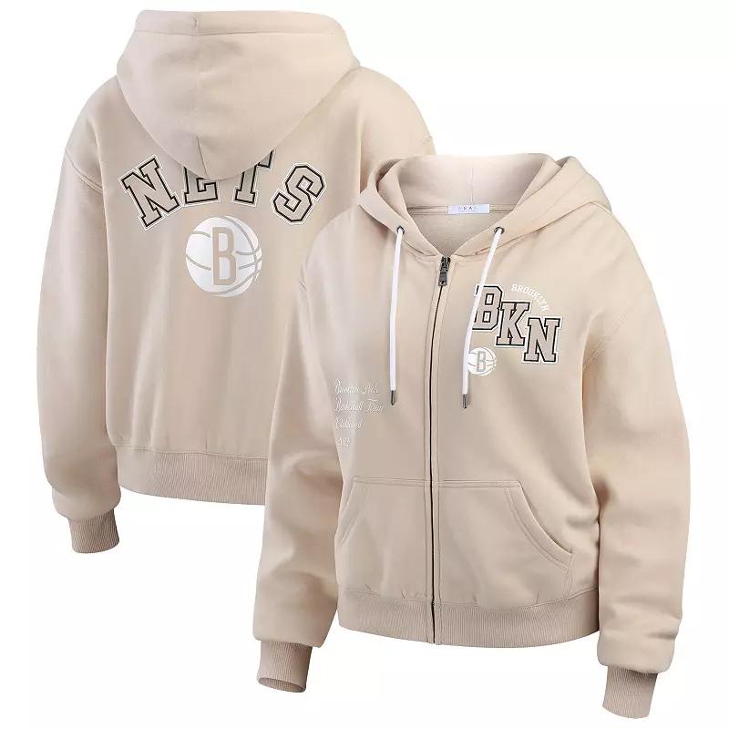 Women's WEAR by Erin Andrews Tan Brooklyn Nets Tonal Felt Patch Full-Zip Hoodie,  Product Image