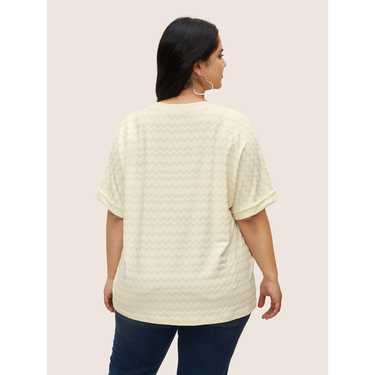 Plus Size V Neck Plain Textured Batwing Sleeve T-shirt Beige Women Casual Texture V-neck Everyday T-shirts BloomChic 30/6X Product Image