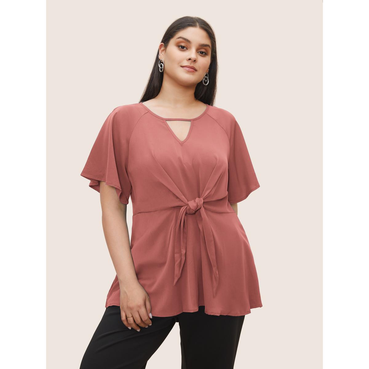 Plus Size Mint Plain Keyhole Knotted Front Ruffle Sleeve Blouse Women Work From Home Short sleeve Round Neck Work Blouses BloomChic 18-20/2X Product Image