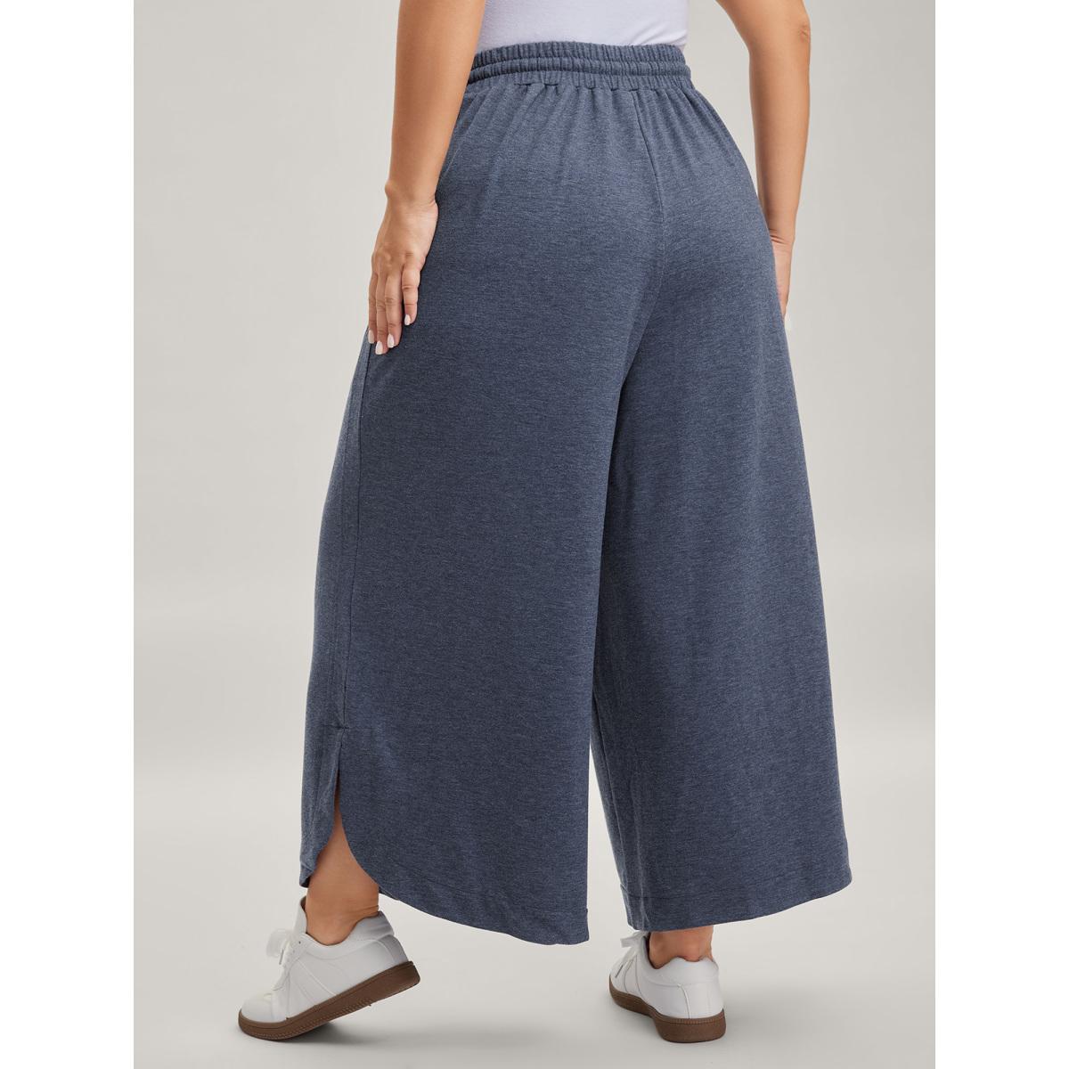 Plus Size Waist Drawstring Split Hem Wide-Leg Pants Women Indigo Leisure Loose Mid Rise Casual Pants BloomChic 10/M Product Image