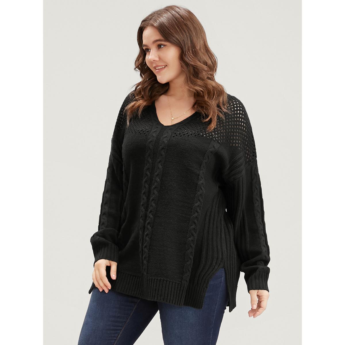 Plus Size Solid Pointelle Knit Cut Out Split Hem Cable Knit Top Black Women Casual Loose Long Sleeve V-neck Dailywear Pullovers BloomChic 28/5X Product Image