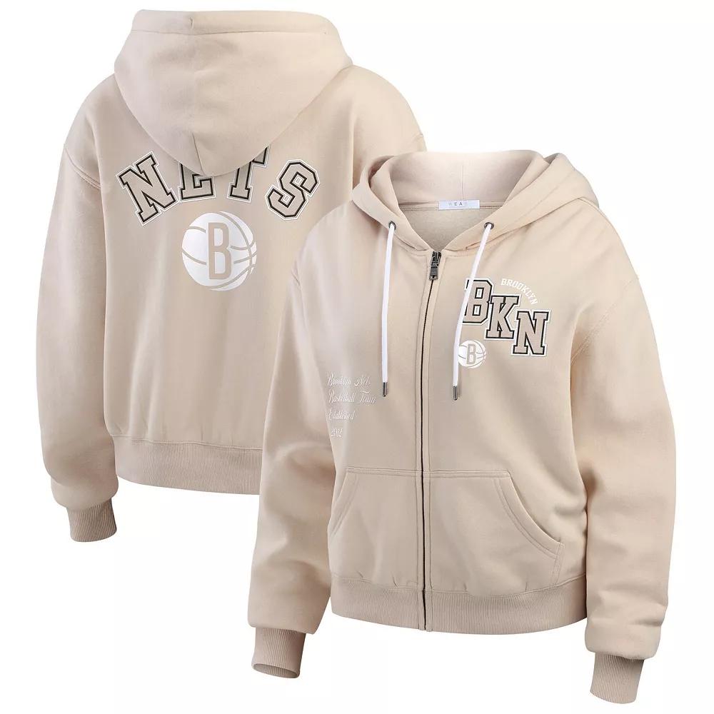Women's WEAR by Erin Andrews Tan Brooklyn Nets Tonal Felt Patch Full-Zip Hoodie,  Product Image