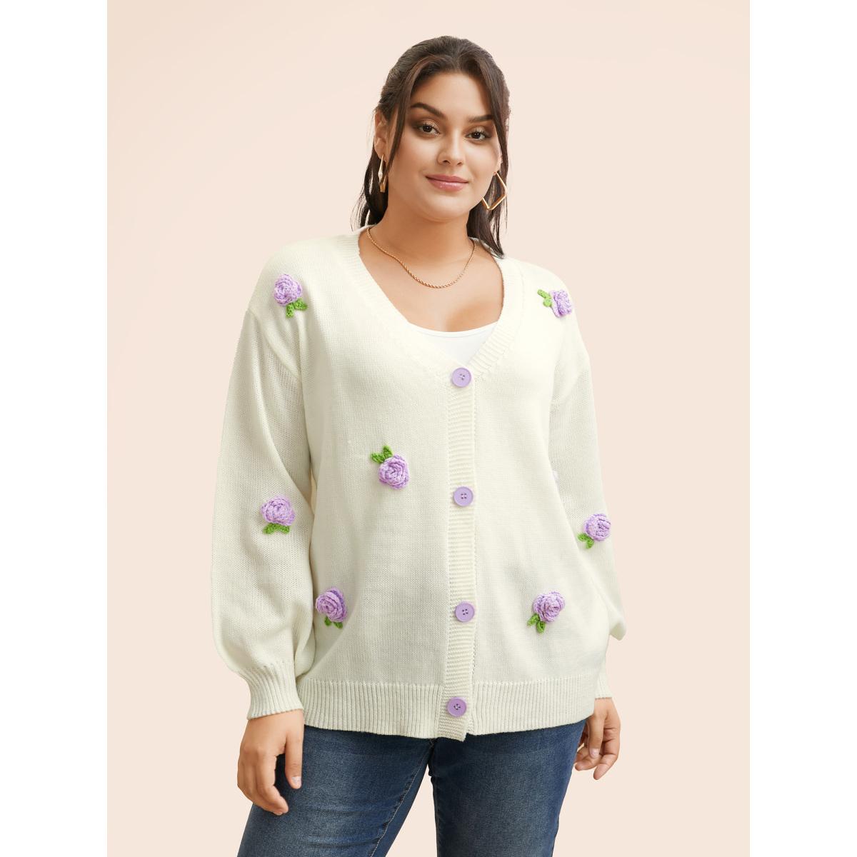 Plus Size Crochet Floral Contrast Button Up Cardigan Ivory Women Casual Loose Long Sleeve Everyday Cardigans BloomChic 30/6X Product Image