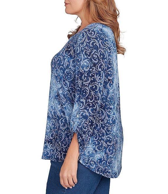 Ruby Rd. Plus Size Textured Knit Tie-Dye Scroll Floral Burnout Boat Neck 3/4 Roll-Tab Sleeve Top Product Image