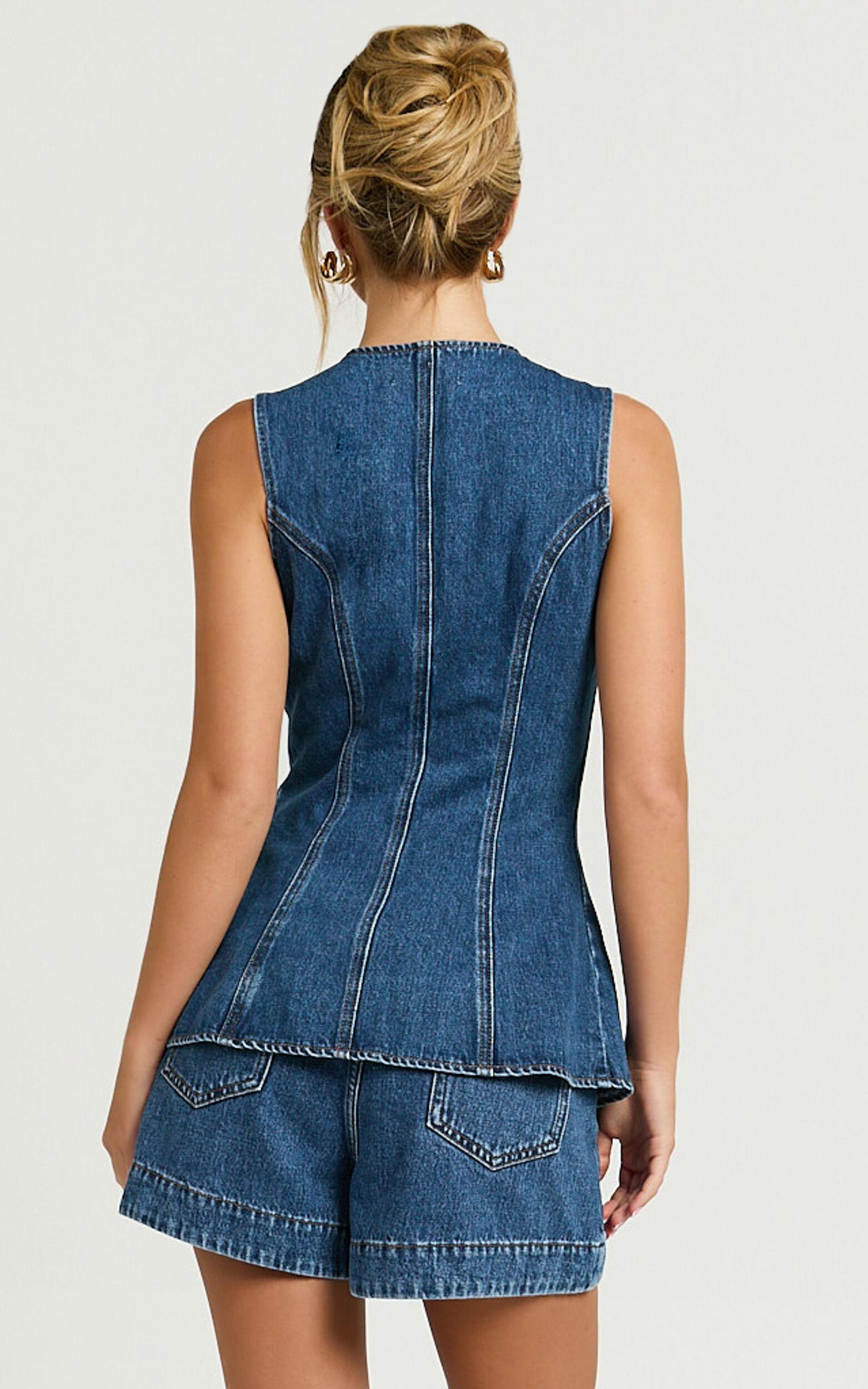 Rhianna Top - Button Down Longline Recycled Denim Vest Top in Dark Blue Wash Product Image