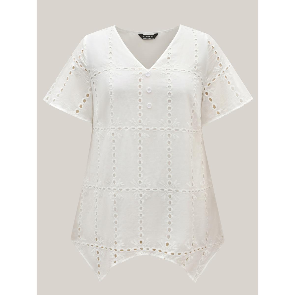 Plus Size Originalwhite Cotton Embroidered V-Neck Shirt Women Resort Short sleeve V-neck Vacation Blouses BloomChic 18-20/2X Product Image