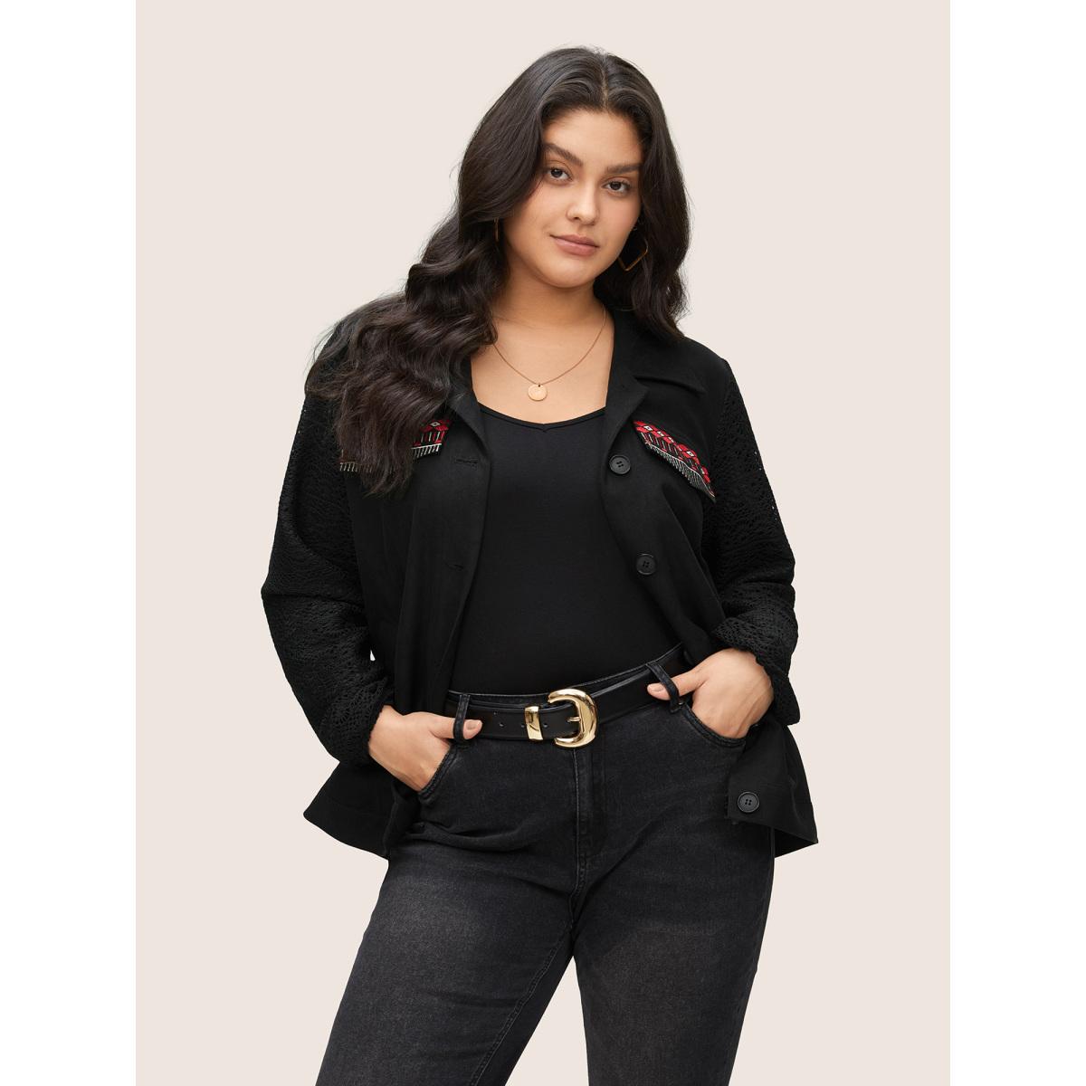Plus Size Patchwork Embroidered Flap Detail Jacket Women Black Non Slanted pocket Everyday Jackets BloomChic 18-20/2X Product Image