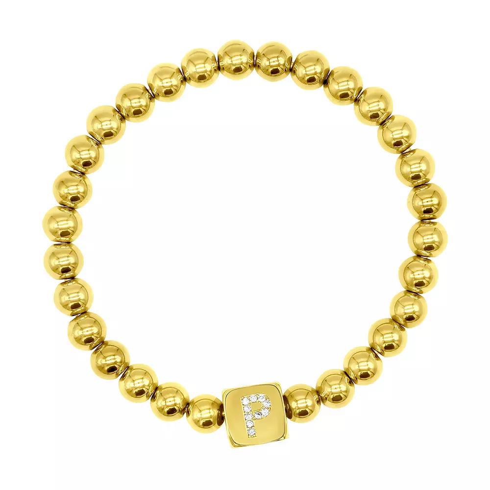Adornia Gold Tone Initial Cubic Zirconia Cube & Bead Stretch Bracelet, Womens Product Image