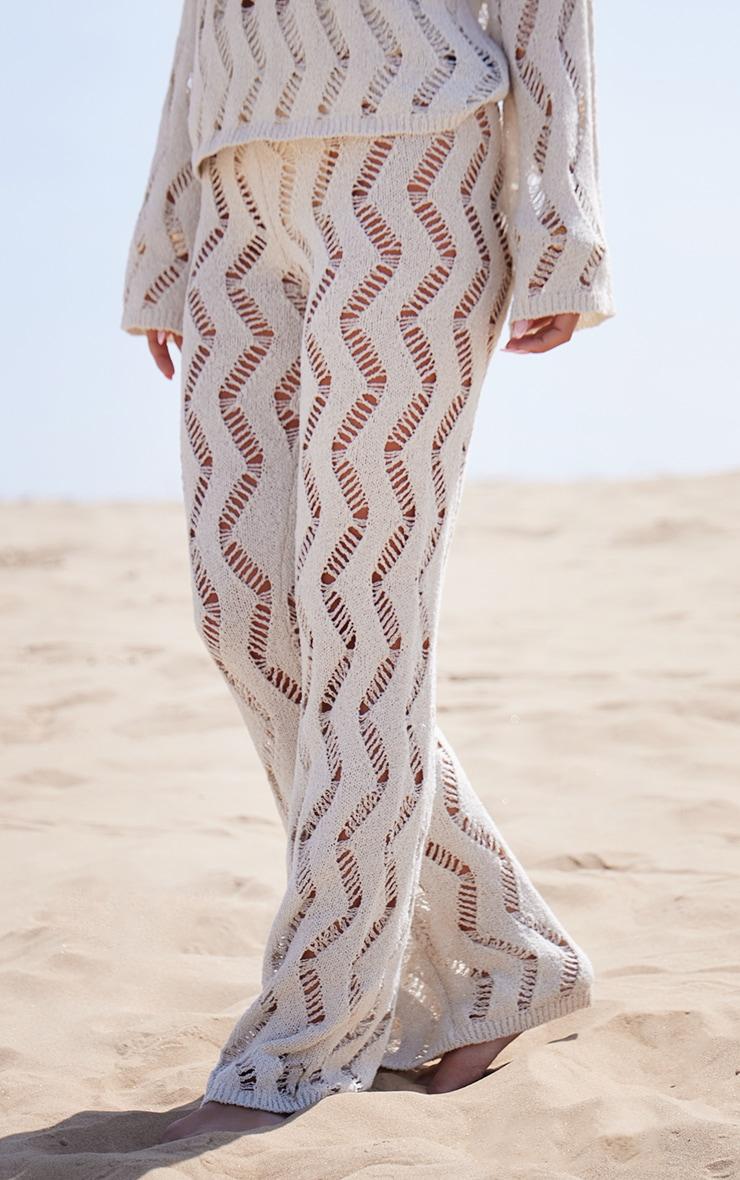 Sand Textured Cut Out Detail Knit Wide Leg Pants Product Image