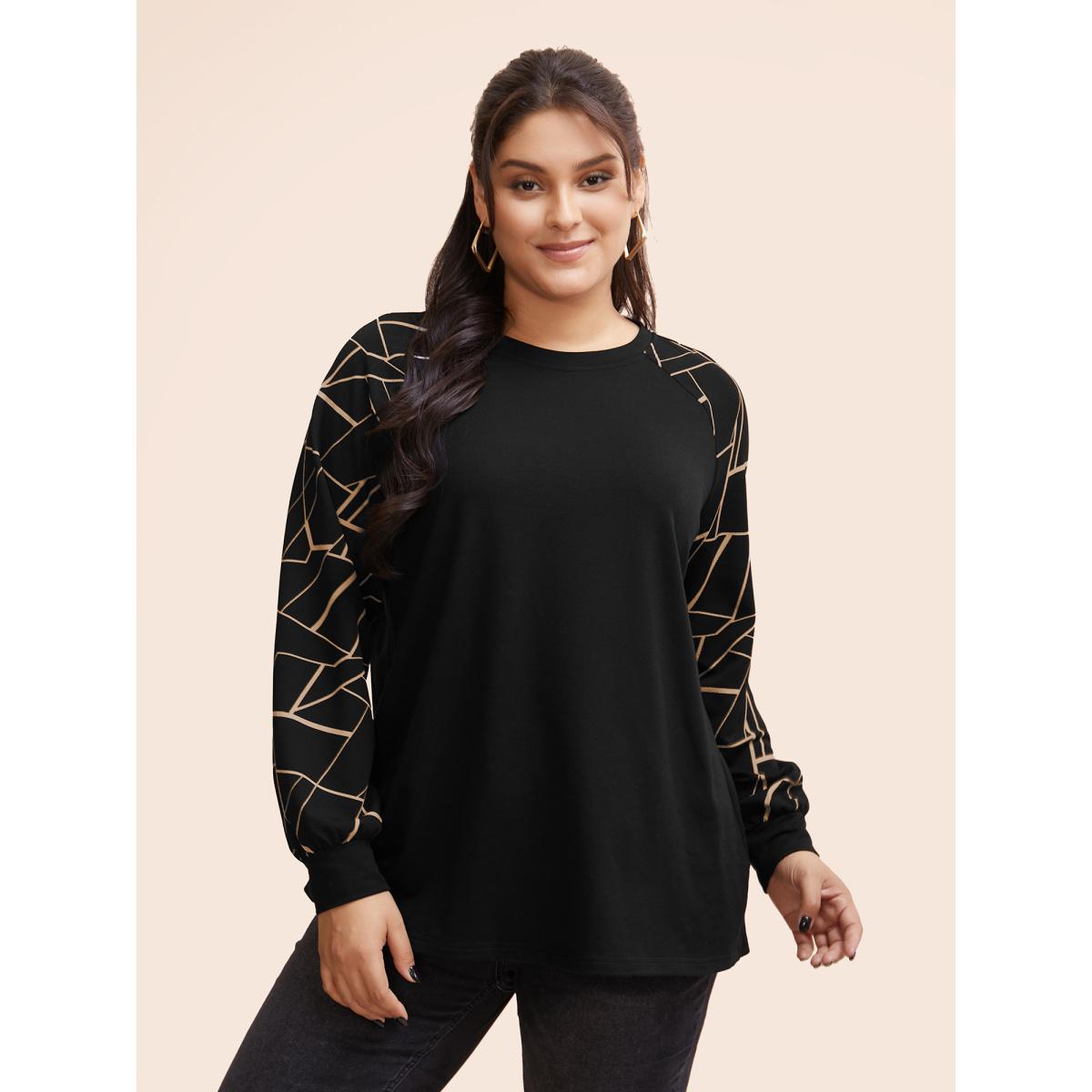 Plus Size Geometric Round Neck Raglan Sleeve Sweatshirt Women Multicolor Casual Elastic cuffs Round Neck Dailywear Sweatshirts BloomChic 22-24/3X Product Image